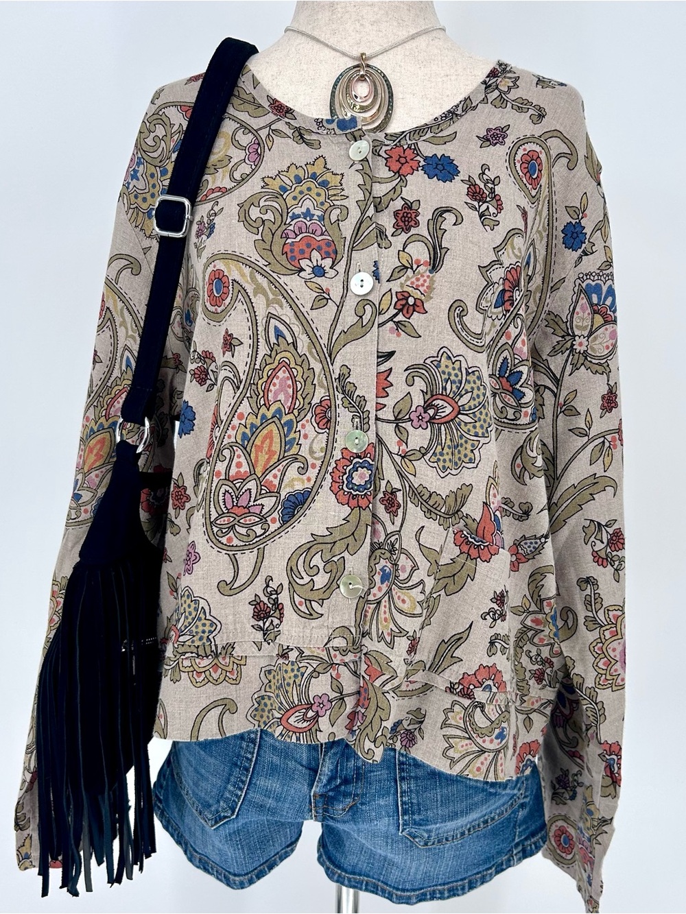 Flax Beige Paisley Button-Front Blouse with Multicolor Floral Print